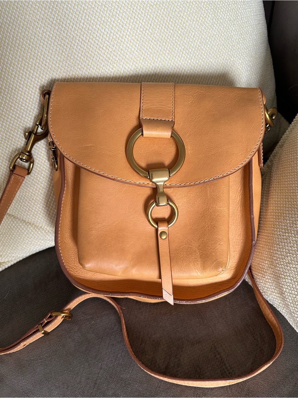 Frye Tan Leather Boho Saddle Crossbody Bag Brass Hardware